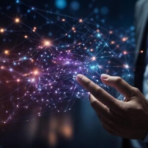 Representación digital de la tecnología en la vida cotidiana en 2025, con inteligencia artificial y conexiones en red.