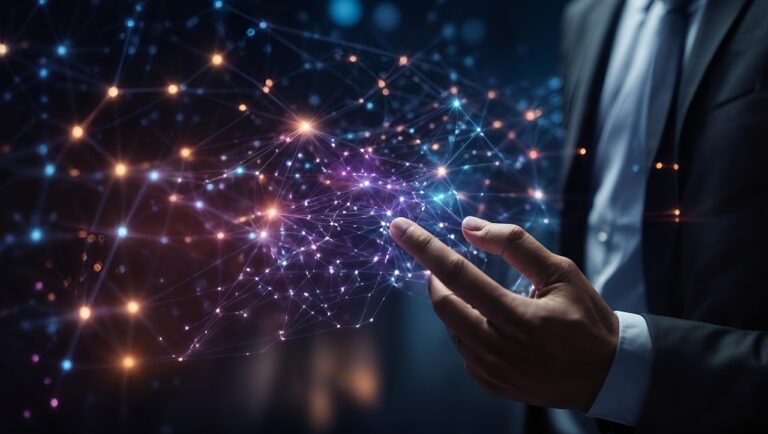 Representación digital de la tecnología en la vida cotidiana en 2025, con inteligencia artificial y conexiones en red.